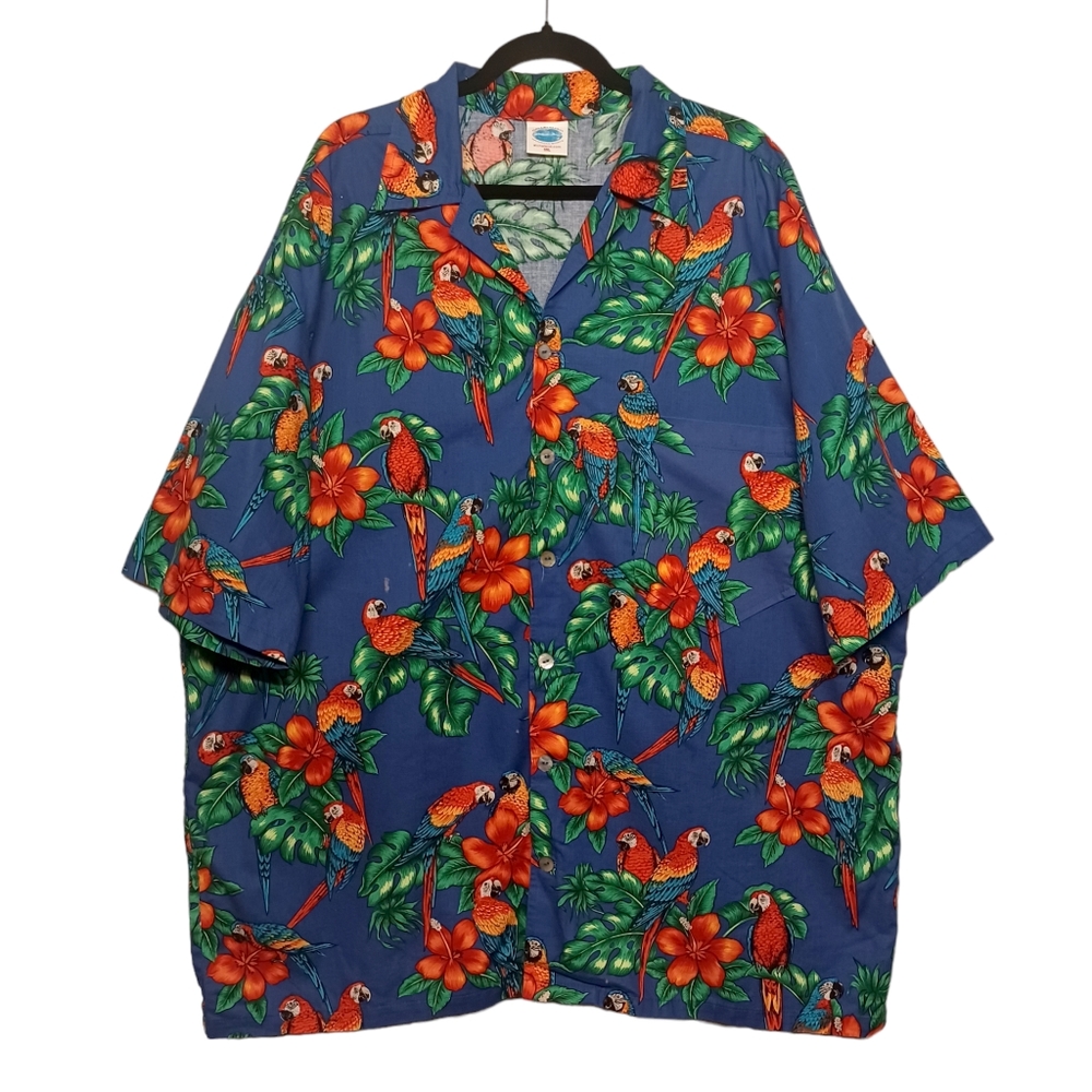 HALLELUJAH HAWAIIAN Shirt Tropical Red Parrot Floral Green Print Button Front